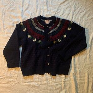 SKYR wool cardigan sweater, size medium, floral woven details and flowers with m